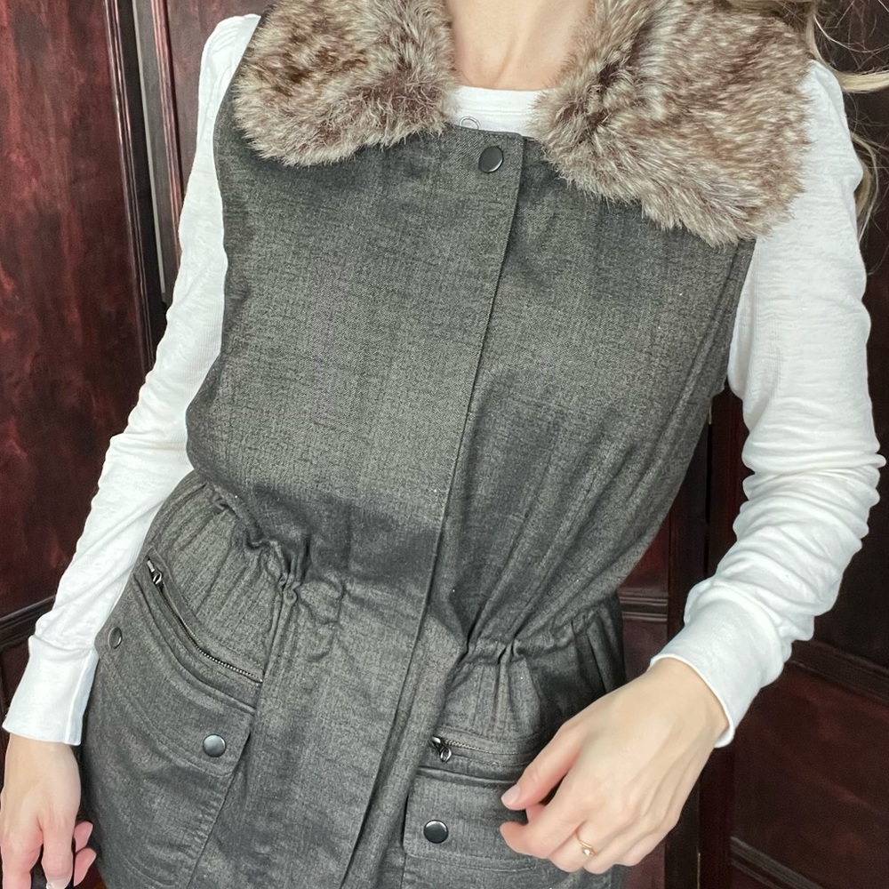 J Jill Utility Tweed vest faux fur adjustable brown size s - Picture 5 of 13